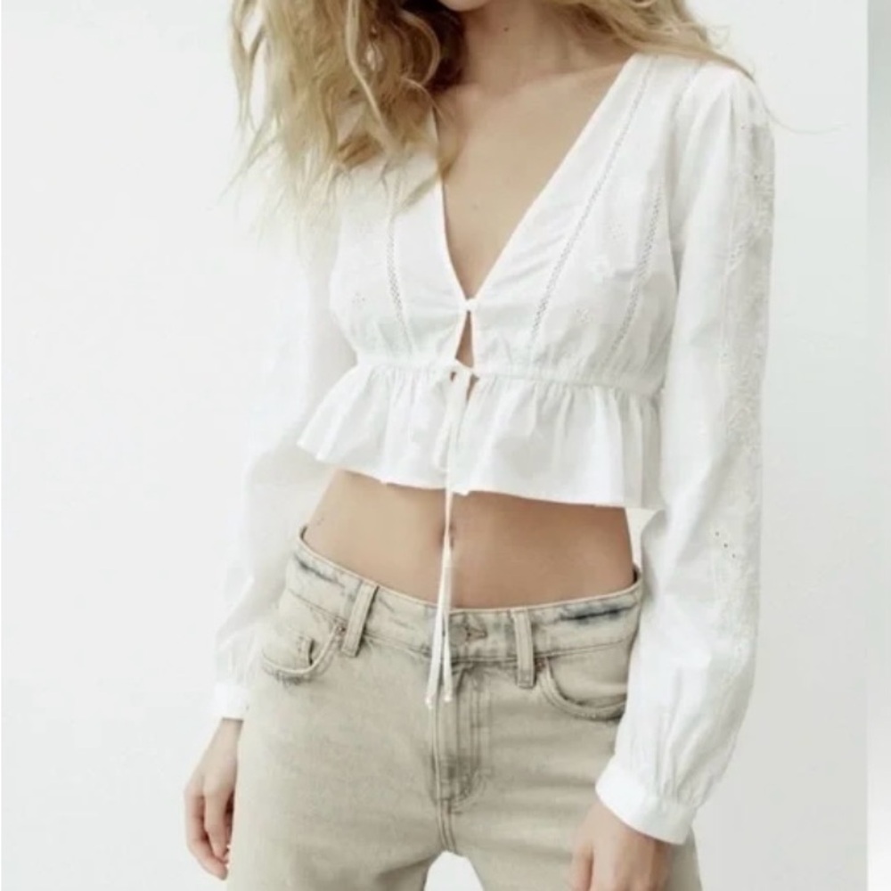 Zara Embroidered Floral Boho Peplum V-Neck Crop Top Size M